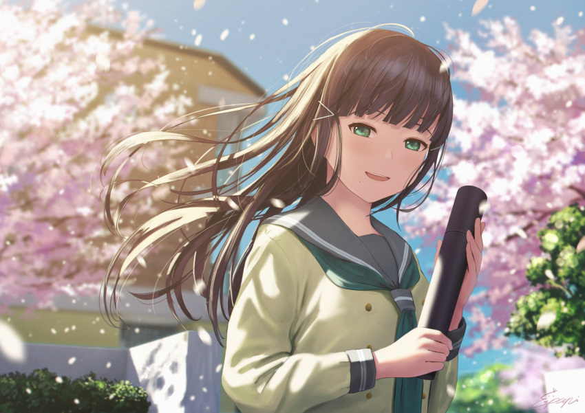 1girl :d bangs black_hair black_sailor_collar blunt_bangs blurry blurry_background blush building cherry_blossoms day depth_of_field floating_hair graduated_cylinder green_eyes green_neckwear grey_sweater hair_ornament hairclip kurosawa_dia long_hair long_sleeves looking_at_viewer love_live! love_live!_sunshine!! neckerchief open_mouth outdoors papi_(papiron100) sailor_collar school_uniform smile solo spring_(season) sweater tree upper_body uranohoshi_school_uniform wind