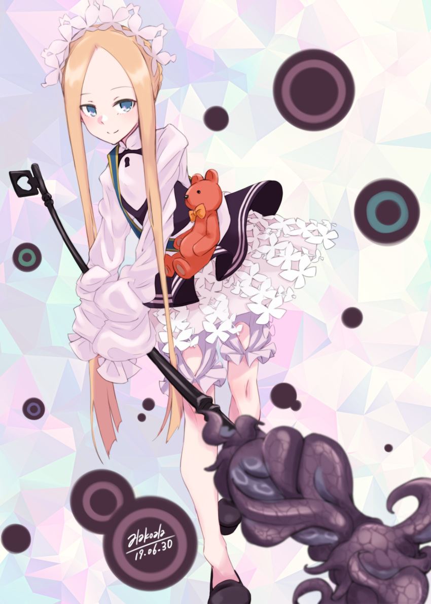 1girl abigail_williams_(fate/grand_order) alakoala_shoushou apron bangs black_skirt blonde_hair blue_eyes bow butterfly_hair_ornament fate/grand_order fate_(series) hair_ornament heroic_spirit_chaldea_park_outfit highres key long_hair maid maid_apron maid_headdress mary_janes orange_bow shoes skirt sleeves_past_fingers sleeves_past_wrists stuffed_animal stuffed_toy teddy_bear white_bow