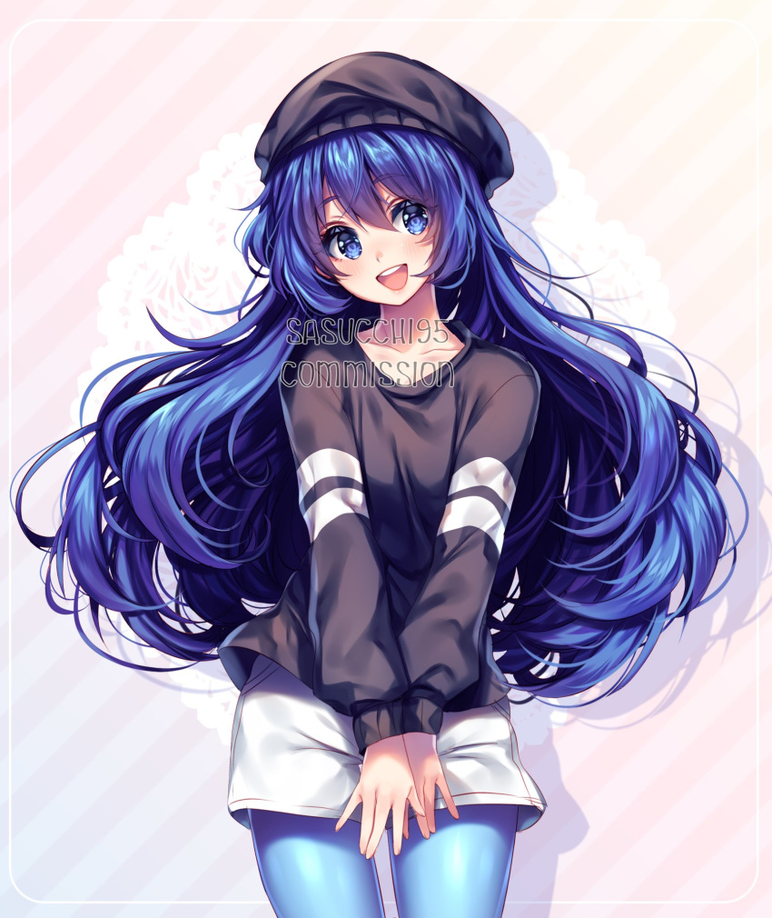 1girl black_headwear blue_eyes blue_hair blue_legwear blush collarbone commission eyebrows_visible_through_hair hat highres long_hair long_sleeves looking_at_viewer open_mouth original pantyhose sasucchi95 smile solo upper_teeth very_long_hair