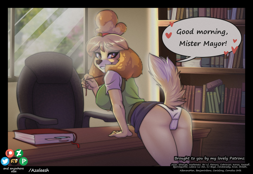 animal_crossing azaleesh bottomwear breasts butt canid canine canis chair clothing domestic_dog female floppy_ears isabelle_(animal_crossing) looking_at_viewer looking_back mammal nintendo office panties presenting presenting_hindquarters raised_tail seductive shirt skirt smile topwear underwear upskirt video_games
