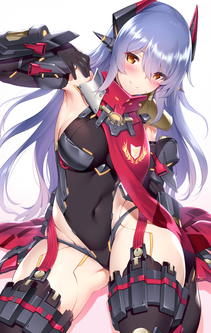 1girl absurdres android ass_visible_through_thighs bangs black_gloves black_legwear blue_hair blush breasts covered_navel cowboy_shot elbow_gloves eyebrows_visible_through_hair fanbox_reward garter_straps gloves gradient gradient_background hair_between_eyes hana_(xenoblade) hana_jd headgear highleg highleg_leotard highres large_breasts leotard long_hair looking_at_viewer m-da_s-tarou navel paid_reward robot_joints scarf simple_background sketch smile solo spoilers thighhighs xenoblade_(series) xenoblade_2 yellow_eyes