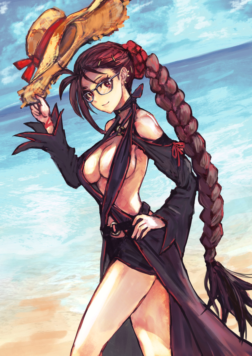 1girl absurdres beach black_skirt black_sleeves bow braid breasts brown_eyes brown_hair cleavage closed_mouth consort_yu_(fate) cowboy_shot criss-cross_halter dutch_angle earrings fate/grand_order fate_(series) glasses hair_bow hair_ornament hairclip halterneck hand_on_hip hat hat_removed headwear_removed highres holding holding_hat jewelry large_breasts long_hair looking_at_viewer red_bow sabamisob sideboob skirt smile solo standing sun_hat water