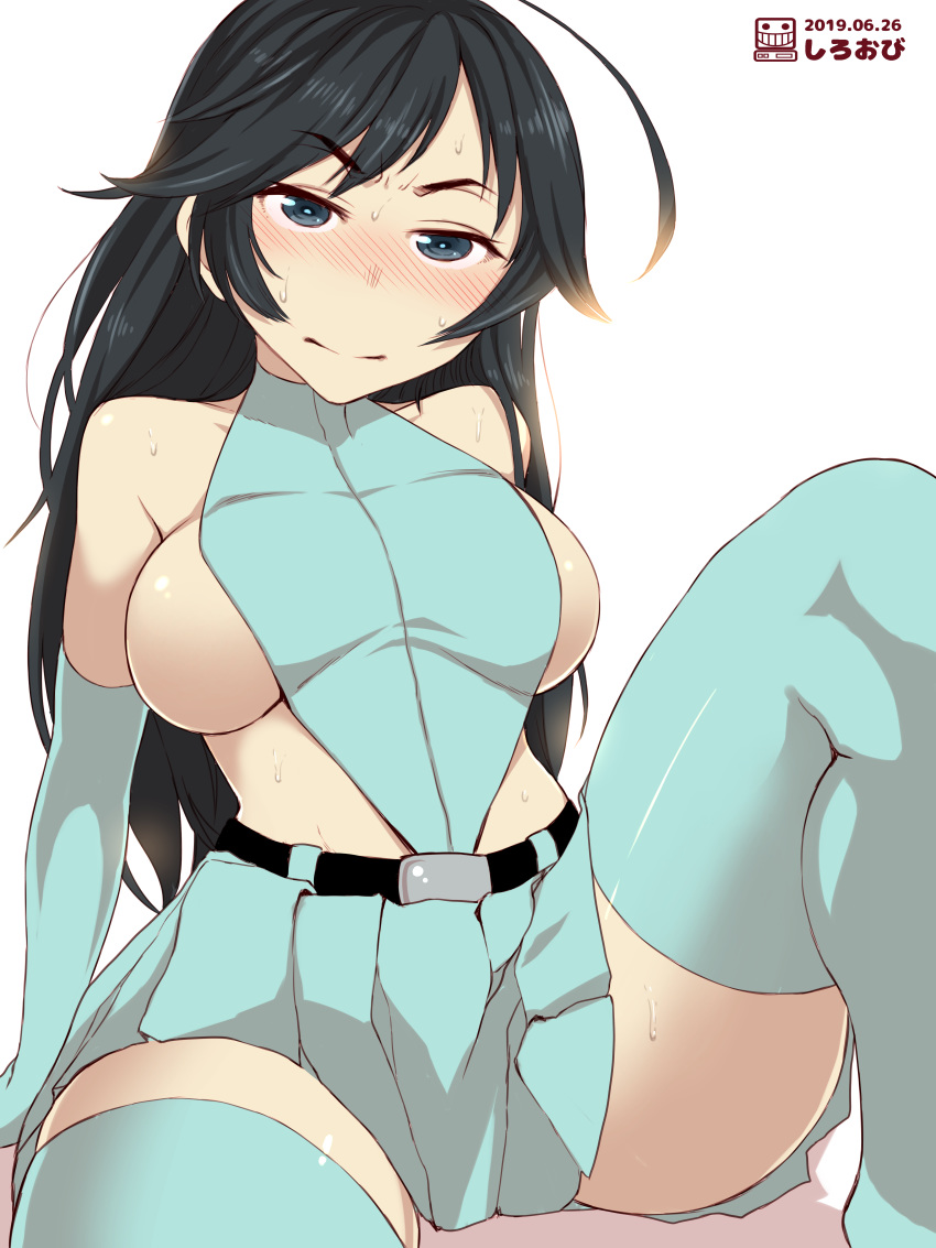 1girl absurdres aoshidan_school_uniform bare_shoulders black_hair blue_eyes blue_gloves blue_legwear blue_skirt blush breasts closed_mouth dated elbow_gloves eyebrows_visible_through_hair girls_und_panzer gloves groin highres isuzu_hana large_breasts long_hair looking_at_viewer no_bra pleated_skirt school_uniform shiny shiny_hair shiny_skin shiroobi_(whitebeltmaster) simple_background skirt solo sweat thighhighs white_background