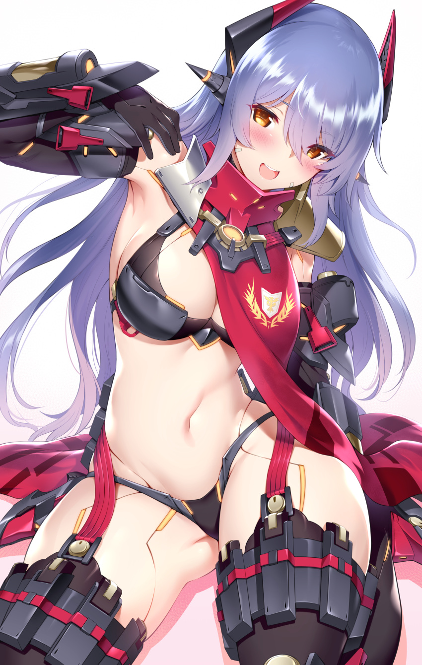 1girl :d absurdres android ass_visible_through_thighs bangs bikini black_gloves black_legwear blue_hair blush breasts cleavage cowboy_shot elbow_gloves eyebrows_visible_through_hair fanbox_reward garter_straps gloves gradient gradient_background hair_between_eyes hana_(xenoblade) hana_jd headgear highres large_breasts long_hair looking_at_viewer m-da_s-tarou navel open_mouth paid_reward robot_joints scarf simple_background sketch smile solo spoilers swimsuit thighhighs xenoblade_(series) xenoblade_2 yellow_eyes