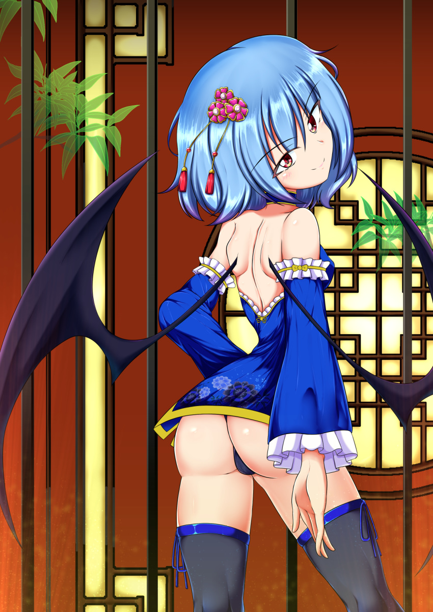 1girl ass bat_wings black_legwear black_panties blue_hair blue_neckwear blush breasts china_dress chinese_clothes choker closed_mouth dress eyebrows_visible_through_hair flower hair_flower hair_ornament highres indoors kagayama_hajime looking_at_viewer looking_back panties red_eyes remilia_scarlet shiny shiny_hair shiny_skin short_hair shoulder_blades small_breasts smile solo thighhighs touhou underwear wings