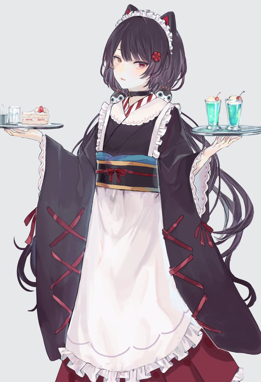 1girl animal_ears apron bangs black_kimono blush brown_eyes brown_hair cake cat_ears cherry closed_mouth commentary_request copyright_request cup drink drinking_glass eyebrows_visible_through_hair food frilled_apron frilled_skirt frills fruit grey_background hair_ornament hetero highres holding holding_tray ice_cream ice_cream_float iei000 japanese_clothes kimono long_hair long_sleeves low_twintails maid_apron maid_headdress obi pleated_skirt red_eyes red_ribbon red_skirt ribbon sash simple_background skirt slice_of_cake solo strawberry tray twintails very_long_hair wa_maid white_apron wide_sleeves