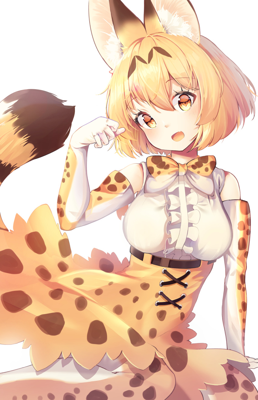 1girl :d absurdres animal_ears animal_ears_(artist) bare_shoulders belt blonde_hair blush bow bowtie center_frills elbow_gloves eyebrows_visible_through_hair fang gloves high-waist_skirt highres kemono_friends looking_at_viewer multicolored_hair open_mouth paw_pose print_gloves print_legwear print_neckwear print_skirt serval_(kemono_friends) serval_ears serval_print serval_tail short_hair skirt sleeveless smile solo tail thighhighs yellow_eyes