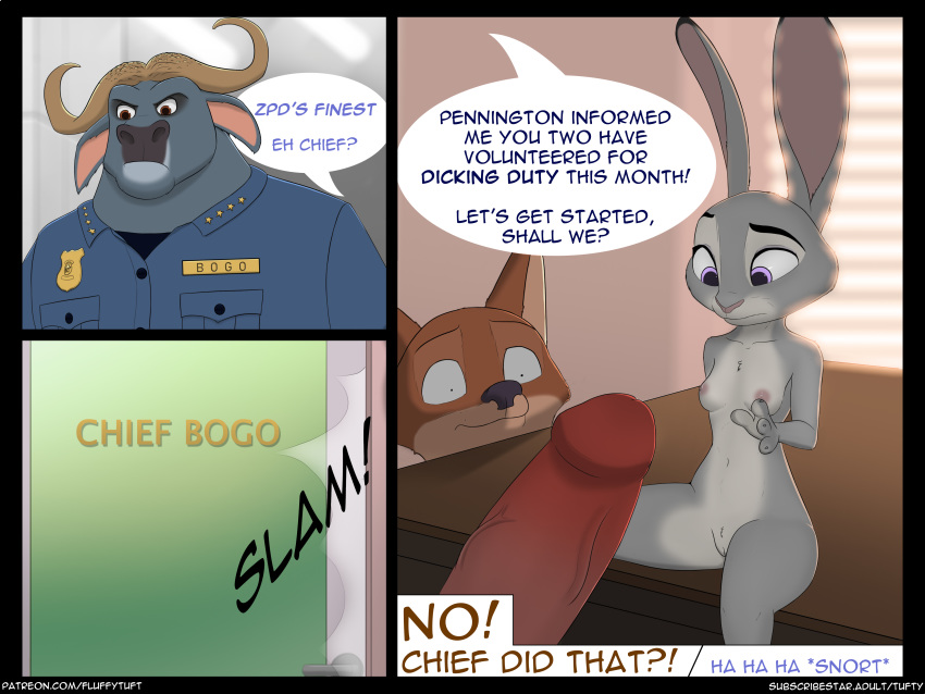 4:3 absurd_res anthro at_work breasts canid canine chief_bogo comic dialogue disembodied_penis disney english_text female fluffytuft fox group hi_res humanoid_penis judy_hopps lagomorph leporid male mammal nick_wilde nipples nude penis pussy rabbit speech_bubble text unprofessional_behavior zootopia