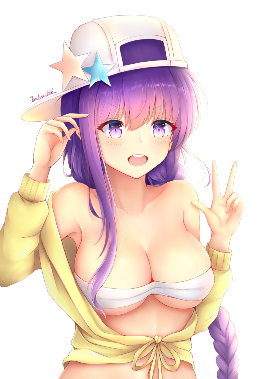 1girl :d arm_up bangs bare_shoulders baseball_cap bb_(fate)_(all) bb_(swimsuit_mooncancer)_(fate) bikini blush braid breasts cleavage collarbone commentary_request endsmall_min eyebrows_visible_through_hair fate/grand_order fate_(series) front-tie_top hair_between_eyes hat hat_ornament highres jacket long_hair long_sleeves medium_breasts navel open_mouth purple_eyes purple_hair revision round_teeth sideways_hat signature simple_background single_braid smile solo star swimsuit teeth upper_body upper_teeth v-shaped_eyebrows very_long_hair white_background white_bikini white_hair yellow_jacket
