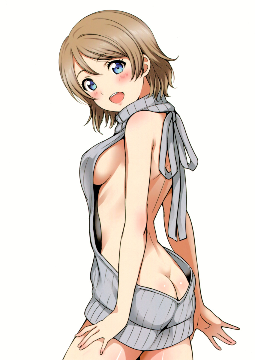 1girl :d absurdres arms_at_sides ass back backless_outfit bare_arms bare_back bare_shoulders body_blush breasts brown_hair butt_crack cowboy_shot eyebrows_visible_through_hair from_side grey_ribbon grey_sweater highres looking_at_viewer looking_to_the_side love_live! love_live!_sunshine!! medium_breasts meme_attire naked_sweater open_mouth rozen5 scan short_hair sideboob simple_background sleeveless smile solo standing sweater tareme turtleneck turtleneck_sweater virgin_killer_sweater watanabe_you white_background
