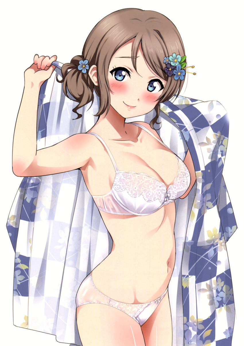 1girl absurdres alternate_hairstyle bangs blue_eyes blush bow bow_bra bow_panties bra breasts cleavage closed_mouth collarbone cowboy_shot eyebrows_visible_through_hair flower hair_flower hair_ornament highres japanese_clothes kimono light_brown_hair looking_at_viewer love_live! love_live!_sunshine!! medium_breasts navel off_shoulder one_side_up panties ponytail rozen5 scan short_hair sidelocks smile solo swept_bangs thighs underwear underwear_only watanabe_you white_bra white_panties yukata