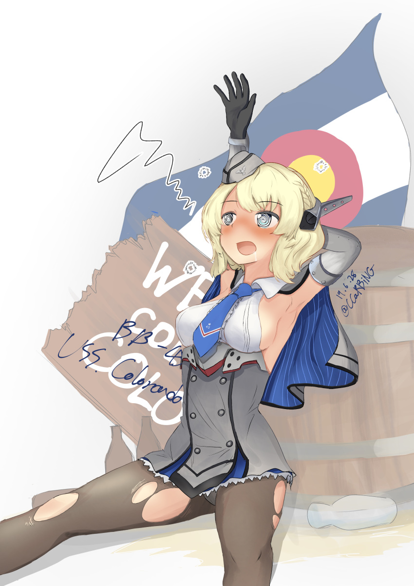 1girl @_@ absurdres black_legwear blonde_hair blue_eyes blue_neckwear breasts capelet colorado_(kantai_collection) colorado_state_flag commentary_request dress drooling elbow_gloves garrison_cap gloves grey_background grey_dress hangover hat headgear highres kantai_collection large_breasts m1a1carbine necktie open_mouth panties panties_under_pantyhose pantyhose short_hair sideboob sleeveless solo torn_clothes torn_legwear underwear