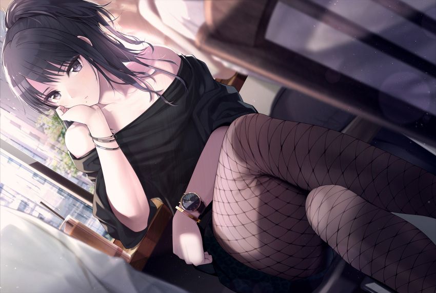 1girl bare_shoulders black_dress black_eyes black_hair blurry bracelet brown_legwear chair chin_rest closed_mouth commentary_request crossed_legs cup depth_of_field dress drinking_glass drinking_straw dutch_angle fishnet_pantyhose fishnets giba_(out-low) highres idolmaster idolmaster_shiny_colors jewelry kazano_hiori lens_flare light_particles long_hair looking_at_viewer mole mole_under_mouth off-shoulder_dress off_shoulder pantyhose sidelocks sitting solo_focus watch wristwatch