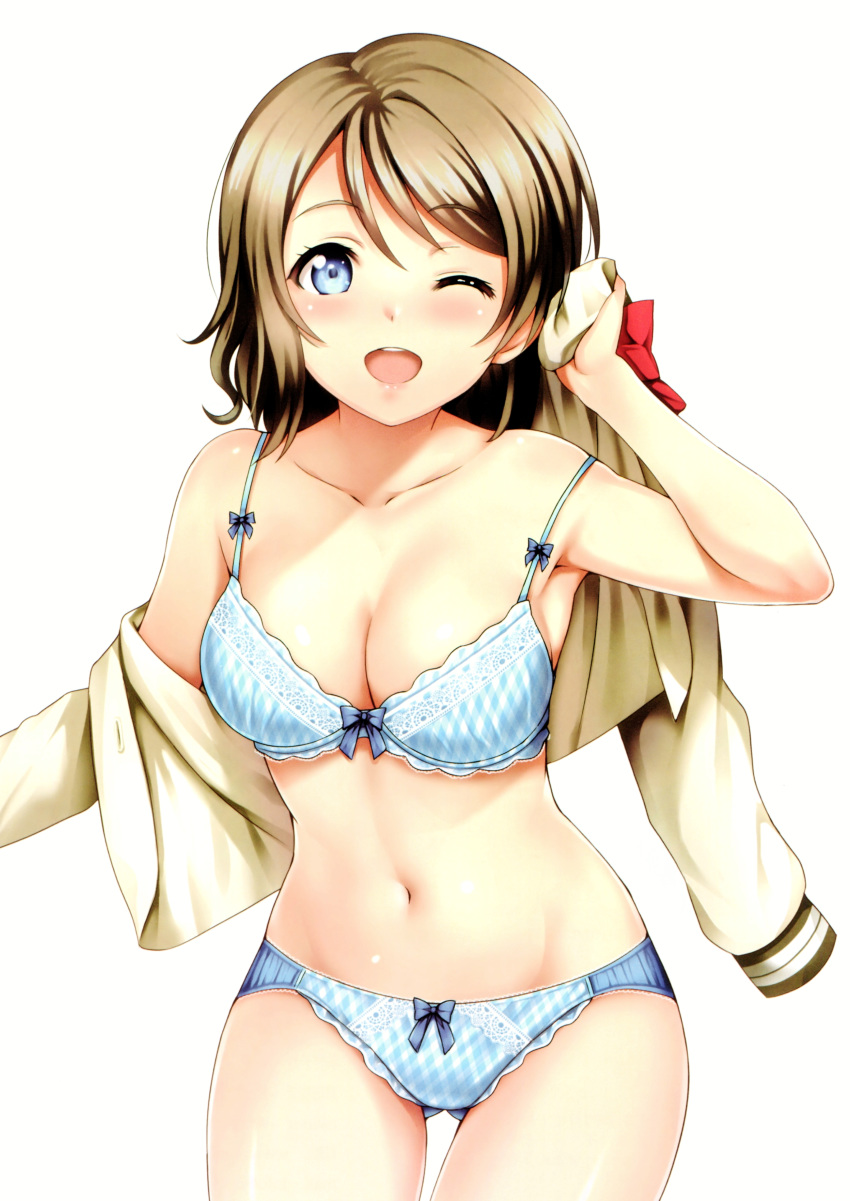 1girl ;d absurdres ass_visible_through_thighs bangs bare_shoulders bow bow_bra bow_panties bra breasts cleavage collarbone eyebrows_visible_through_hair highres light_brown_hair looking_at_viewer love_live! love_live!_sunshine!! medium_breasts navel one_eye_closed open_mouth panties plaid plaid_bra plaid_panties rozen5 scan shiny shiny_hair shiny_skin short_hair simple_background smile solo stomach underwear underwear_only watanabe_you white_background