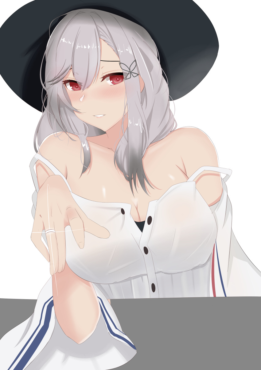 1girl absurdres azur_lane bangs blush breasts butterfly_hair_ornament cleavage collarbone commentary_request dunkerque_(afternoon_aphrodite)_(azur_lane) dunkerque_(azur_lane) grey_hair hair_between_eyes hair_ornament hat head_tilt highres jewelry large_breasts long_hair long_sleeves looking_at_viewer multicolored_hair parted_lips red_eyes ring shiny shiny_hair sidelocks silver_hair simple_background solo strap_slip sun_hat swept_bangs tastysalt two-tone_hair wedding_band white_background wide_sleeves