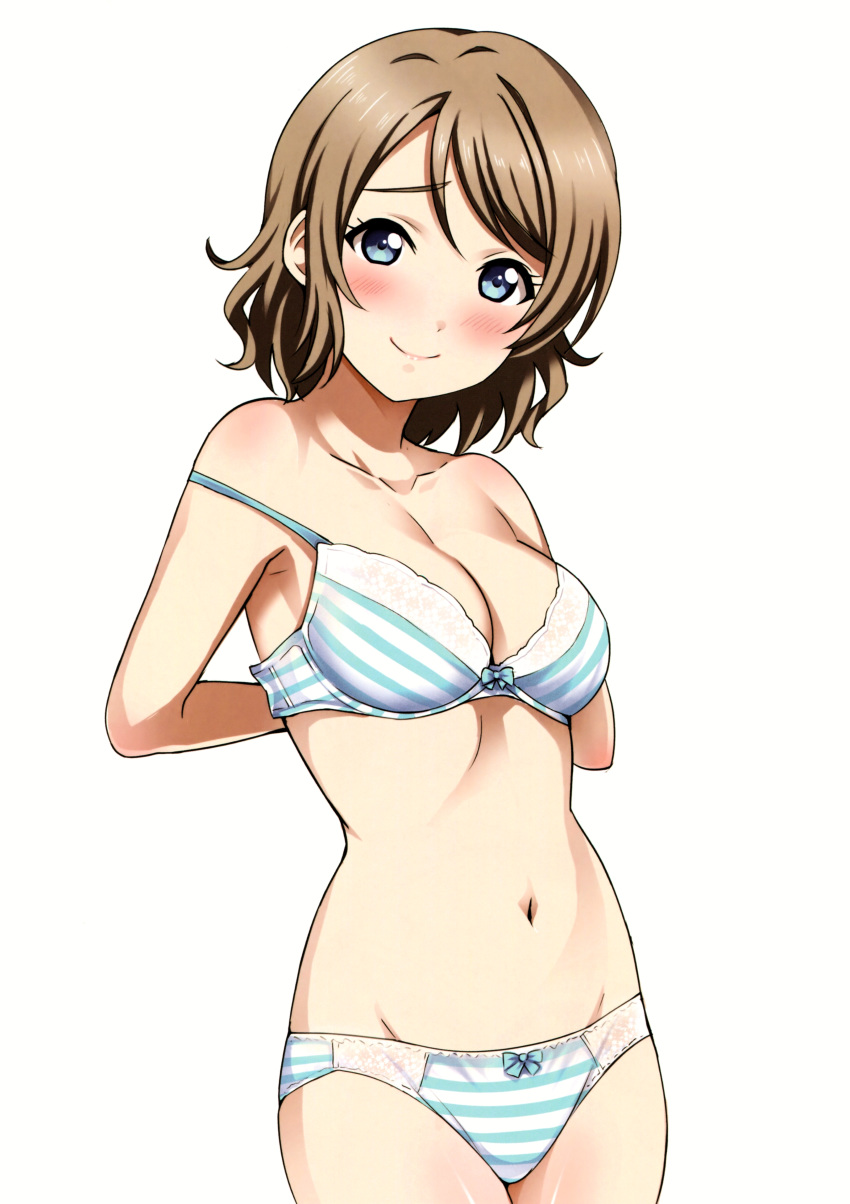 1girl absurdres adjusting_bra adjusting_clothes arms_behind_back bangs blue_bow blue_bra blue_eyes blue_panties blush bow bow_bra bow_panties bra breasts cleavage collarbone cowboy_shot diagonal_stripes groin highres light_brown_hair looking_at_viewer love_live! love_live!_sunshine!! medium_breasts navel panties rozen5 scan short_hair simple_background smile solo strap_slip striped striped_bra striped_panties swept_bangs thighs underwear underwear_only watanabe_you white_background
