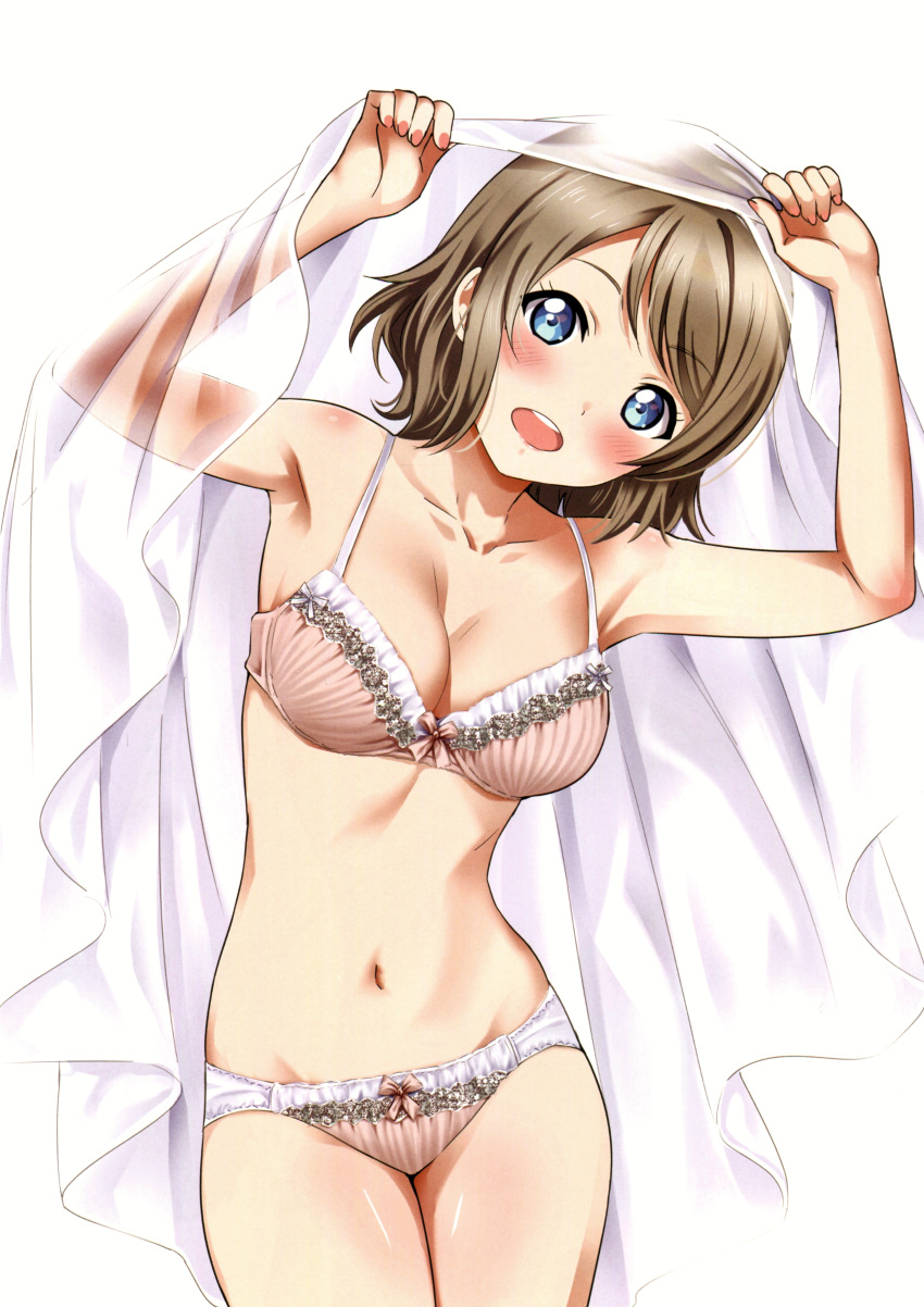 1girl absurdres armpits blue_eyes blush body_blush bow bow_bra bow_panties bra breasts brown_hair cleavage collarbone groin head_tilt highres light_brown_hair looking_at_viewer love_live! love_live!_sunshine!! medium_breasts nail_polish navel open_mouth panties round_teeth rozen5 scan short_hair solo standing teeth thighs underwear underwear_only veil watanabe_you