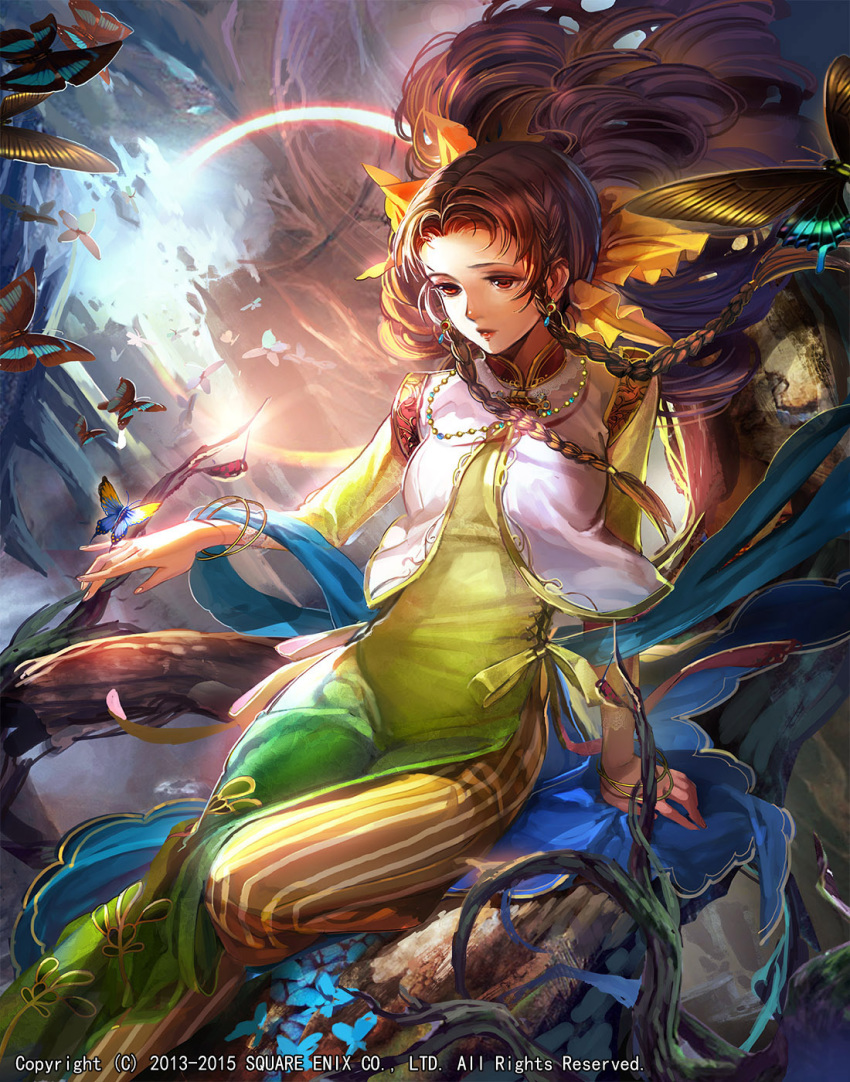 1girl bow braid breasts brown_hair bug butterfly closed_mouth commentary_request dress earrings emperors_saga expressionless full_body green_dress hair_bow highres insect jewelry liduke lipstick long_hair makeup official_art pants ribbon romancing_saga_3 saga sara_(romancing_saga_3) solo square_enix striped twin_braids vertical-striped_pants vertical_stripes