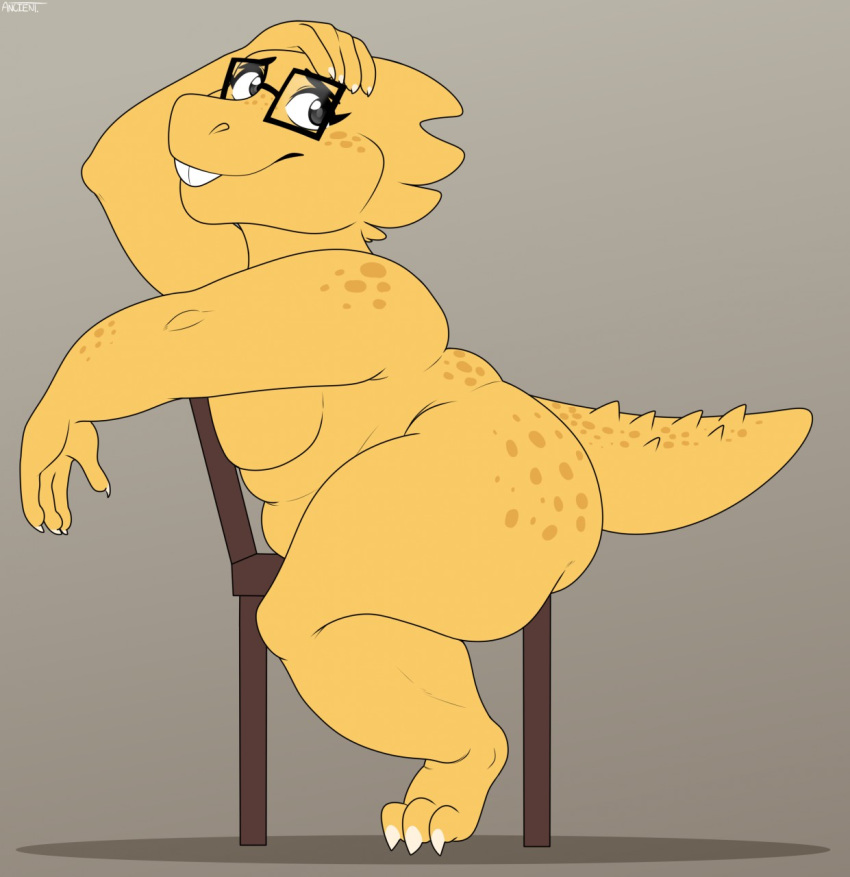 alphys ancientbot anthro belly big_belly big_butt breasts buckteeth butt chair claws eyewear female freckles glasses grey_eyes hi_res non-mammal_breasts nude overweight overweight_female reptile scalie side_view sitting smile solo teeth thick_tail thick_thighs undertale video_games