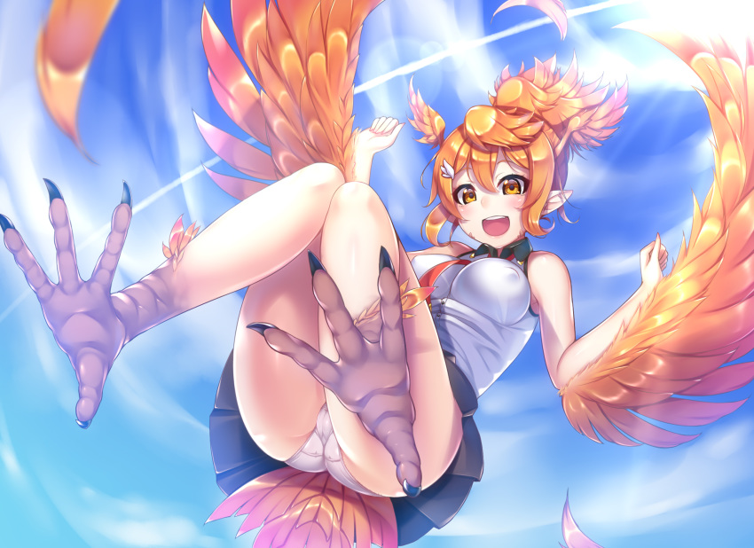 1girl :s bare_shoulders bird_tail black_skirt blue_sky blush breasts claws commentary_request condensation_trail covered_nipples day feathered_wings feet full_body gacchu hair_ornament hairclip harpy head_wings highres lens_flare light_rays long_hair looking_at_viewer medium_breasts miniskirt monster_girl orange_eyes orange_hair orange_wings original outdoors panties pleated_skirt pointy_ears ponytail round_teeth shirt skirt sky sleeveless sleeveless_shirt solo sunbeam sunlight teeth trefoil underwear upper_teeth upskirt white_panties white_shirt wing_hair_ornament wings