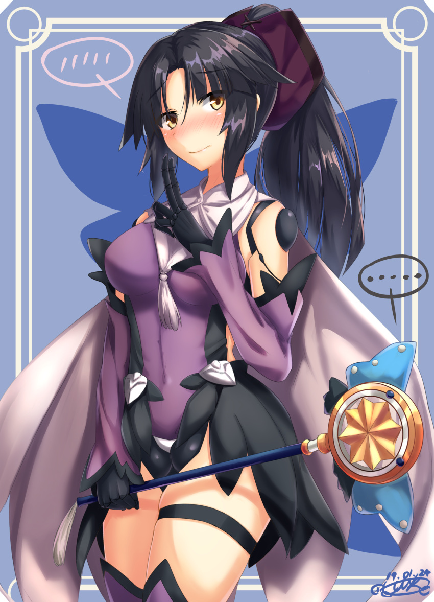 1girl absurdres alternate_costume bangs black_hair blush breasts commentary_request cosplay detached_sleeves embarrassed eyebrows_visible_through_hair fate/grand_order fate/kaleid_liner_prisma_illya fate_(series) hair_ribbon highres katou_danzou_(fate/grand_order) leotard long_hair looking_at_viewer magical_girl magical_sapphire medium_breasts miyu_edelfelt miyu_edelfelt_(cosplay) parted_bangs ponytail purple_legwear purple_leotard purple_sleeves ribbon robot_joints sebire solo thigh_strap thighhighs wand yellow_eyes