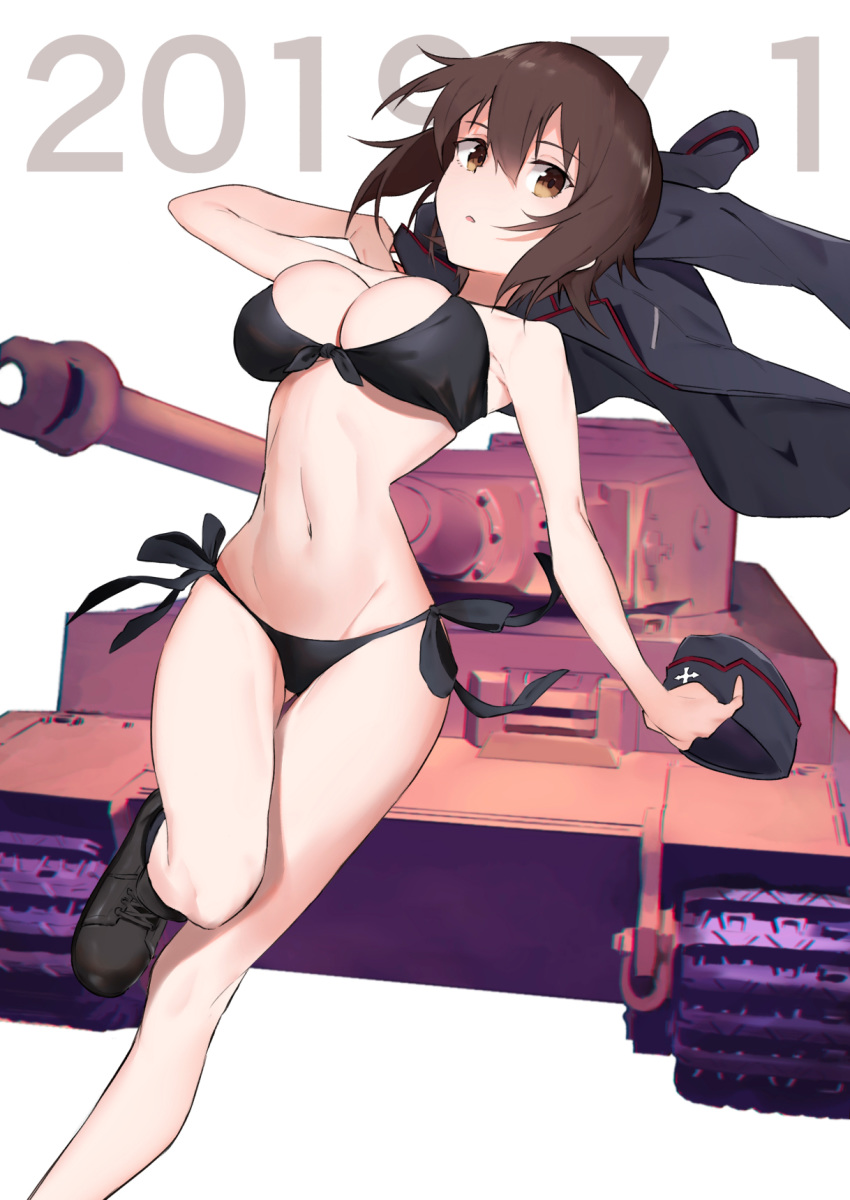 1girl :o bangs bare_shoulders bikini birthday black_bikini black_jacket boots breasts brown_eyes brown_hair cleavage clothes_removed dated front-tie_top garrison_cap girls_und_panzer groin ground_vehicle hair_between_eyes hat highres holding holding_hat holding_jacket jacket kuromorimine_military_uniform large_breasts midriff military military_vehicle motor_vehicle muteki_soda navel nishizumi_maho short_hair side-tie_bikini solo swimsuit tank white_background
