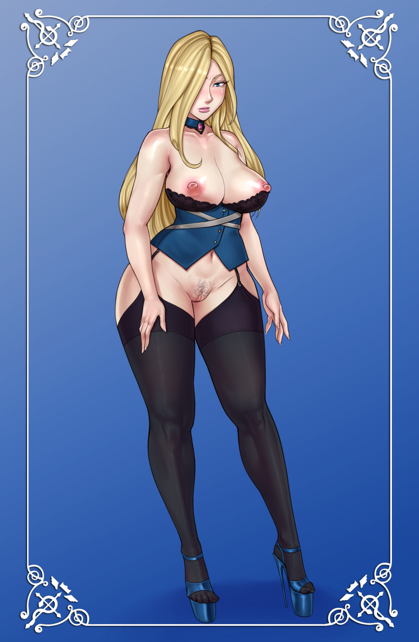 1girl bare_arms bare_shoulders black_bra black_legwear blonde_hair blue_background blush bottomless bra breasts choker cleavage closed_mouth collarbone full_body fullmetal_alchemist garter_straps hair_over_one_eye high_heels highres large_breasts lm_(legoman) long_hair looking_at_viewer navel nipples olivier_mira_armstrong pubic_hair pussy revealing_clothes shunori simple_background solo standing strapless thick_thighs thighhighs thighs uncensored underwear