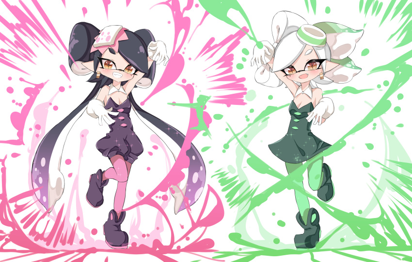 +_+ 2girls absurdres ankle_boots aori_(splatoon) black_dress black_footwear black_hair black_jumpsuit boots breasts brown_eyes cleavage cousins detached_collar domino_mask dress earrings fang food food_on_head gloves gradient_hair green_hair green_legwear grey_hair grin highres hotaru_(splatoon) jewelry leg_up long_hair looking_at_viewer mask medium_breasts mole mole_under_eye multicolored_hair multiple_girls object_on_head open_mouth paint_splatter pointy_ears purple_hair purple_legwear sharp_teeth short_dress short_hair short_jumpsuit smile sparkle splatoon_(series) splatoon_1 squid_pose standing standing_on_one_leg strapless sukeo_(nunswa08) sushi teeth tentacle_hair very_long_hair white_gloves