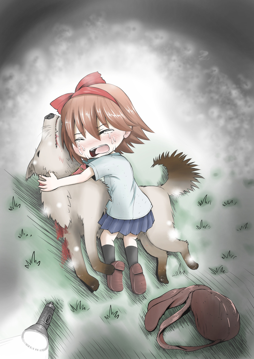 absurdres animal backpack bag blood blush bow child commentary crying death dog flashlight grass hair_bow hairband highres hug injury kneehighs light_particles night open_mouth protagonist_(yomawari) sad shirt skirt sobbing t-shirt tears toryo_(sinsei2413) yomawari yomawari:_night_alone