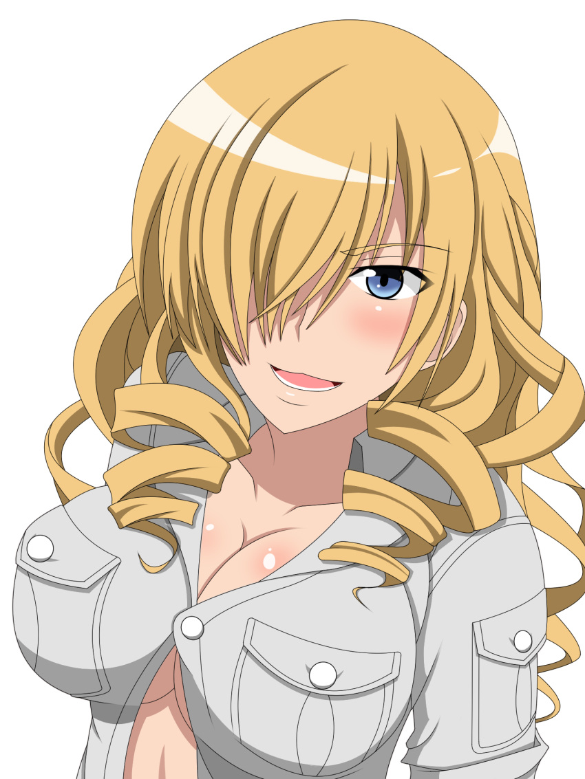 1girl ariyosibb_(unishari) blonde_hair blue_eyes blush breast_pocket breasts buttons cleavage collarbone drill_hair eyebrows_visible_through_hair from_above grey_shirt hair_over_one_eye highres large_breasts long_hair looking_at_viewer open_clothes open_mouth open_shirt oriana_thomason pocket round_teeth shiny shiny_hair shiny_skin shirt simple_background smile teeth to_aru_majutsu_no_index upper_body white_background wing_collar