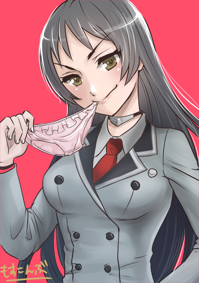 1girl absurdres bangs black_hair blazer breasts buttons choker closed_mouth copyright_name eyebrows_visible_through_hair frilled_panties frills grey_blazer hand_up head_tilt highres holding holding_panties jacket kajou_ayame lips long_hair looking_at_viewer medium_breasts mosskonbu mouth_hold naughty_face necktie panties panties_in_mouth parted_bangs pervert pink_background pink_panties red_neckwear school_uniform shimoneta_to_iu_gainen_ga_sonzai_shinai_taikutsu_na_sekai shiny shiny_hair simple_background smirk solo underwear upper_body v-shaped_eyebrows yellow_eyes