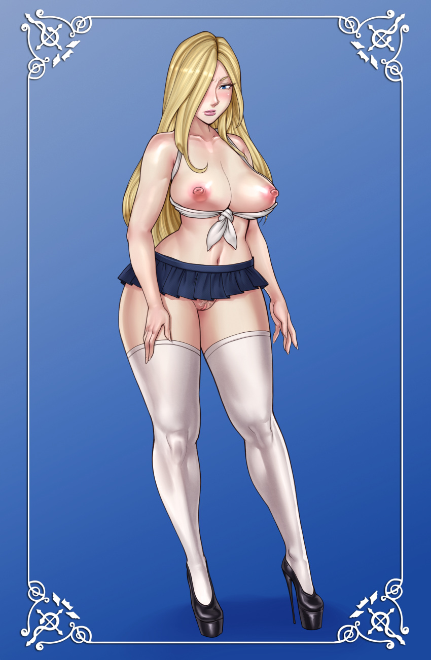 1girl bare_arms bare_shoulders blonde_hair blue_background blue_hair blush breasts cleavage closed_mouth collarbone full_body fullmetal_alchemist hair_over_one_eye high_heels highres large_breasts lm_(legoman) long_hair looking_at_viewer midriff miniskirt navel nipples no_bra no_panties olivier_mira_armstrong pleated_skirt pubic_hair pussy revealing_clothes shunori simple_background skirt solo standing thick_thighs thighhighs thighs uncensored white_legwear