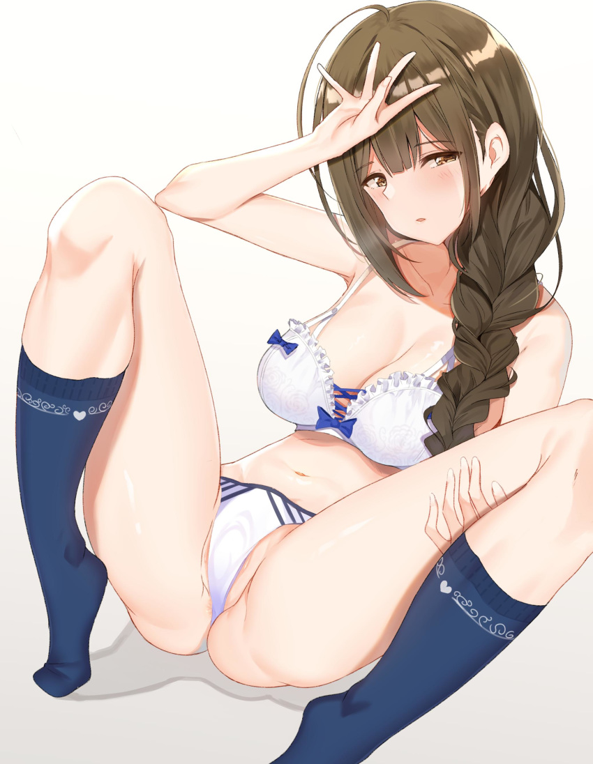 1girl absurdres amrita_(amber78gou) ass bare_arms bare_shoulders blue_legwear blush bra braid breasts brown_hair cleavage collarbone hair_over_shoulder half-closed_eyes hand_on_own_thigh hand_up highres idolmaster idolmaster_shiny_colors knees_up kuwayama_chiyuki large_breasts long_hair looking_at_viewer navel no_shoes panties parted_lips partially_visible_vulva sidelocks single_braid sitting socks solo stomach thighs underwear underwear_only white_background white_bra white_panties
