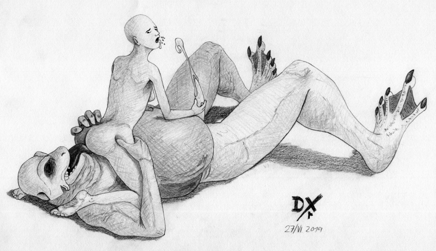 2019 4_fingers 5_toes 69_position absurd_res amphibian anthro bald barefoot belly biceps big_feet bodily_fluids breasts butt claws cum cum_in_mouth cum_inside cumshot cunnilingus dated dekxer dot_eyes earhole ejaculation eyebrows feet female fingers genital_fluids graphite_(artwork) hand_on_butt hand_on_stomach hatching_(art) hi_res horizontal_pupils human humanoid_hands larger_anthro larger_male licking looking_back lying male male/female mammal membrane_(anatomy) monochrome nude on_back oral orgasm pencil_(artwork) penis plantigrade sex side_boob simple_background size_difference smaller_female smaller_human snout spitting spread_legs spreading tapering_penis teeth toe_claws toes tongue tongue_out traditional_media_(artwork) vaginal webbed_feet