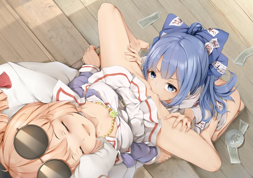 2girls an-telin bangs barefoot belt blue_bow blue_eyes blue_hair blush bow bracelet breasts closed_eyes coin collarbone cunnilingus cup drill_hair eyebrows_visible_through_hair eyewear_on_head fan folding_fan gem hair_bow highres incest jewelry long_hair long_sleeves medium_breasts money multiple_girls no_panties ofuda open_mouth oral pussy_juice siblings sisters smile spread_legs sunglasses touhou twin_drills wooden_floor yorigami_jo'on yorigami_shion yuri