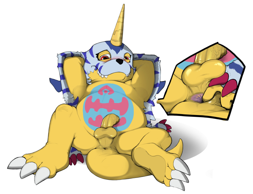 3_toes absurd_res anal anal_fingering anus balls digimon digimon_(species) fingering flaccid gabumon hi_res humanoid_penis male multiple_scenes narse penis presenting red_eyes scalie simple_background toes uncut yellow_balls yellow_penis