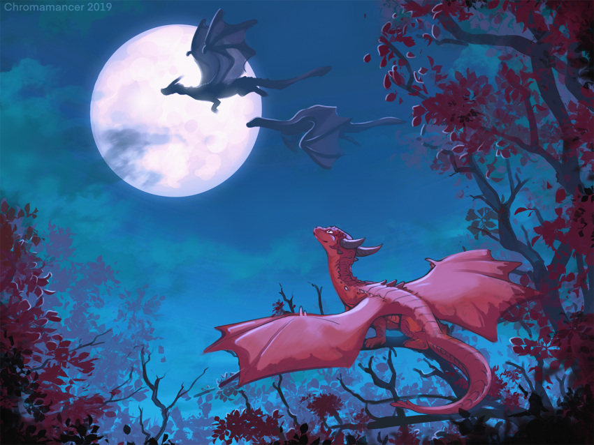 2019 4:3 chromamancer detailed_background digital_media_(artwork) dragon feral flying group hi_res membrane_(anatomy) membranous_wings moon night scalie speedpaint tree western_dragon wings