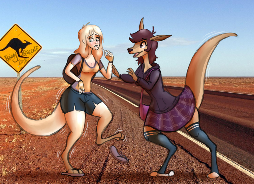 2018 anthro australia backpack bag beingobscene black_nose blonde_hair blush bottomwear brown_hair clothed clothing digital_drawing_(artwork) digital_media_(artwork) duo eyebrows female hair hi_res hoodie human human_to_anthro kangaroo legwear looking_at_tail macropod mammal marsupial open_mouth outback photo_background raised_inner_eyebrows road sign skirt socks species_transformation tail_growth topwear transformation