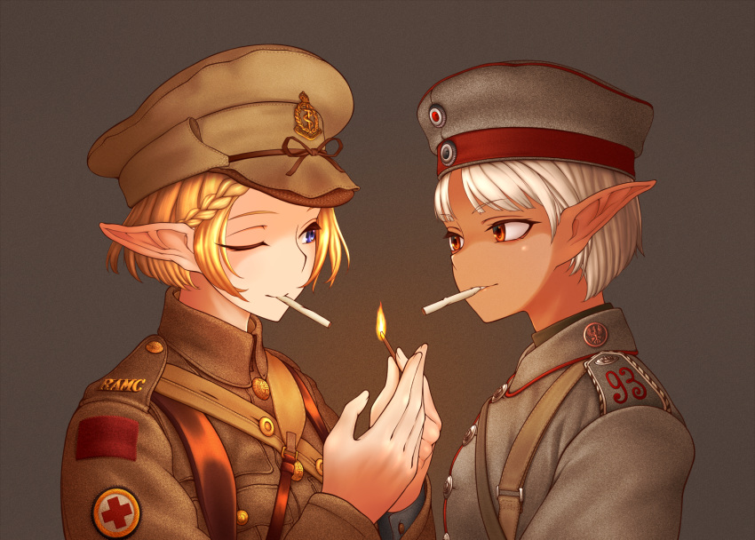 2girls bangs blue_eyes blunt_bangs bob_cut braid caduceus cigarette dark_skin dorotabou_(dieter) elf epaulettes eye_contact eyelashes hat lighting_cigarette load_bearing_equipment looking_at_another matches military military_uniform mouth_hold multiple_girls one_eye_closed original peaked_cap pointy_ears red_cross red_eyes short_hair side_braid silver_hair smile soldier swept_bangs texture uniform upper_body world_war_i