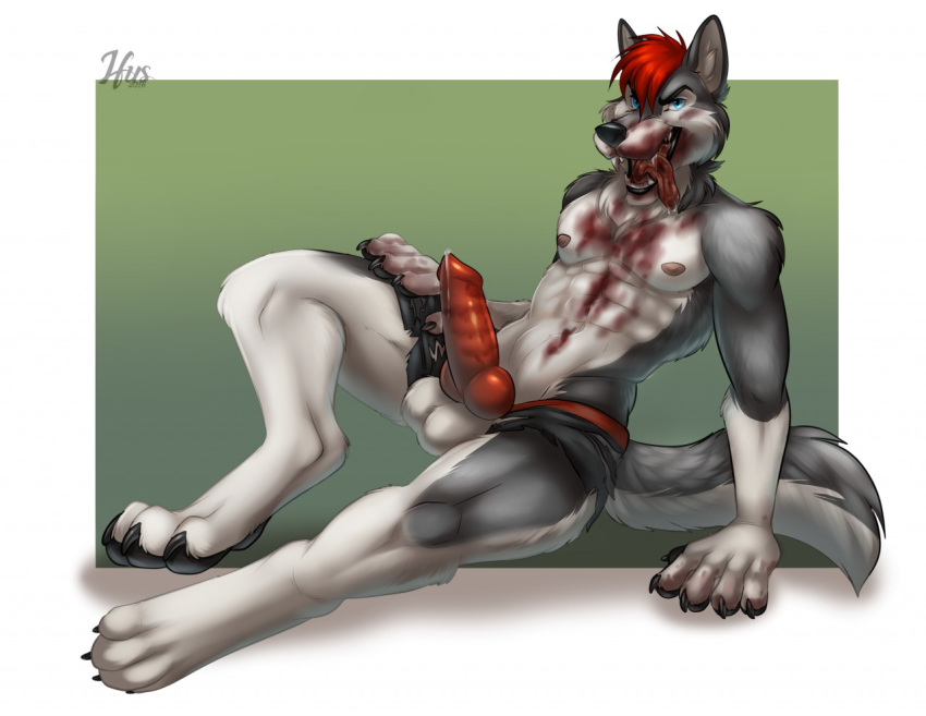 2016 4_toes 5_fingers abs anatomically_correct anatomically_correct_penis animal_genitalia animal_penis anthro arm_support balls black_claws black_eyebrows black_nose blood blood_on_chest blood_on_face blue_eyes bodily_fluids border boxers_(clothing) canid canine canine_penis canis claws clothed clothing digital_media_(artwork) drooling erection eyebrows fangs fingers fur genital_fluids gradient_background grey_fur grey_tail hair ifus knot looking_at_viewer male mammal multicolored_fur multicolored_tail muscular muscular_male nipples open_mouth outside_border partially_clothed pecs penis pink_nipples pink_penis pink_tongue precum reclining red_hair saliva short_hair signature simple_background solo storm_(stormwx_wolf) teeth toe_claws toes tongue torn_clothing two_tone_fur two_tone_tail underwear white_balls white_border white_fur white_tail wolf