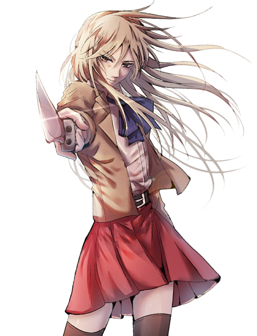 1boy belt blonde_hair blue_neckwear brown_eyes glint hakata_tonkotsu_ramens highres holding holding_knife jacket knife long_hair looking_at_viewer male_focus nga_(artist) red_skirt shirt simple_background skirt solo standing thighhighs very_long_hair white_background white_shirt xianming_lin