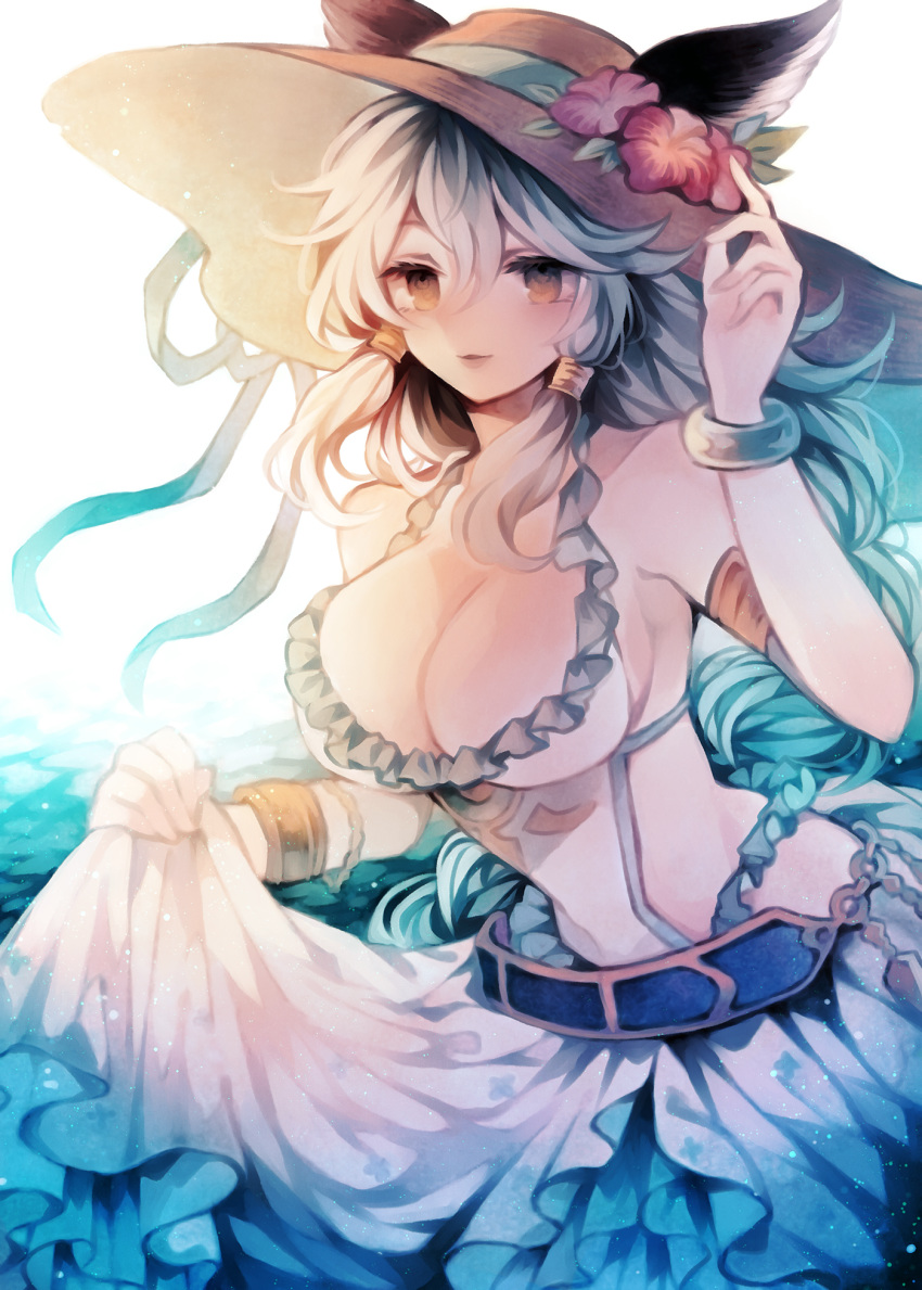 1girl animal_ears bracelet breasts cat_ears cleavage commentary_request ears_through_headwear erune flower granblue_fantasy hair_tubes hat hat_flower heles highres jewelry large_breasts long_hair looking_at_viewer one-piece_swimsuit sarong solo sun_hat swimsuit very_long_hair white_hair white_swimsuit wiriam07 yellow_eyes