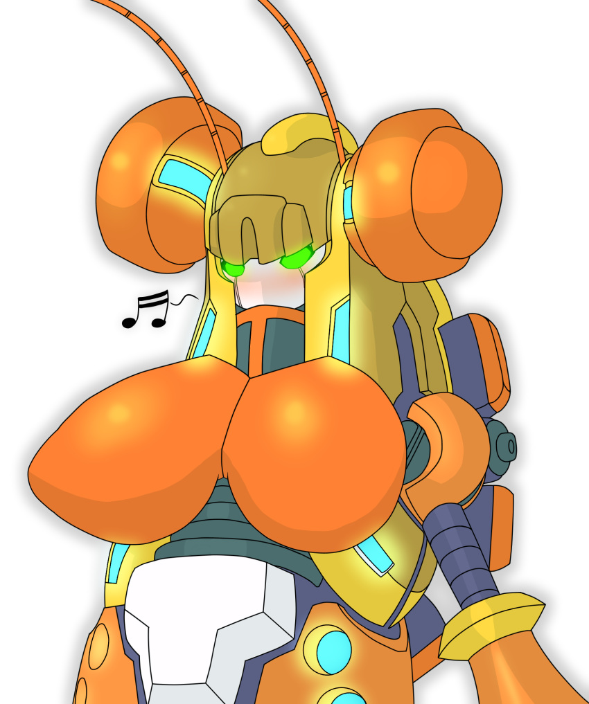 anthro arthropod big_breasts breasts capcom chlqjsro digital_media_(artwork) female glowing glowing_eyes green_eyes hi_res insect lepidopteran machine mega_man_(series) megaman_zero metallic_body moth mouthless noseless reploid robot simple_background sol_titanion solo video_games