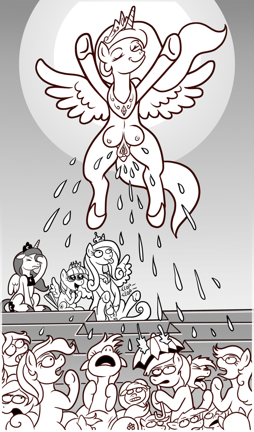 2019 equid equine feathered_wings feathers female feral flying friendship_is_magic greyscale group hair hi_res horn horse mammal masturbation monochrome my_little_pony pony princess_cadance_(mlp) princess_celestia_(mlp) princess_luna_(mlp) pussy teats twilight_sparkle_(mlp) wangkingfun winged_unicorn wings