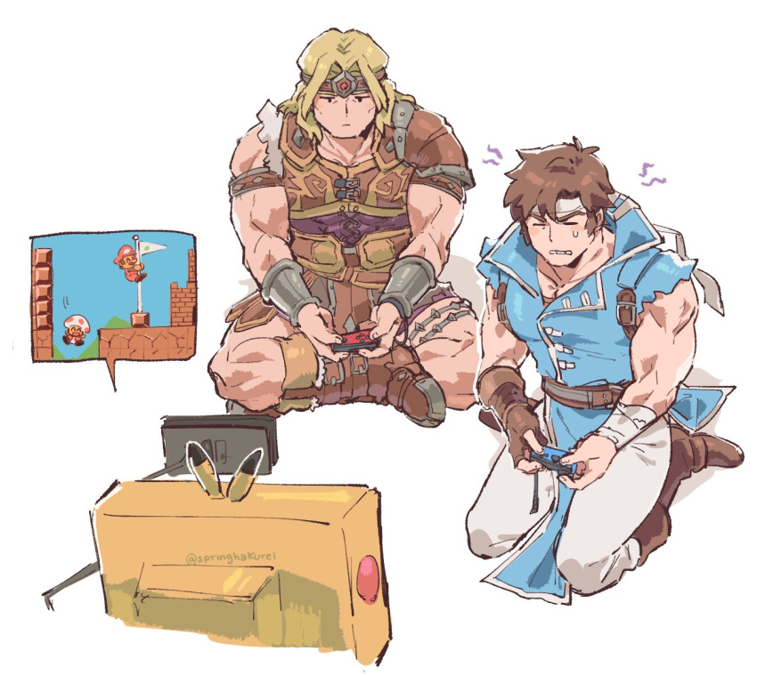 2boys akiyoku belt blonde_hair blue_eyes brown_hair cape castlevania castlevania:_rondo_of_blood controller game_console game_controller gloves handheld_game_console headband highres joy-con long_hair male_focus mario mario_(series) multiple_boys nintendo nintendo_switch open_mouth pikachu playing_games pokemon pokemon_(game) richter_belmondo short_hair simon_belmondo sitting smile super_mario_maker super_smash_bros. toad whip