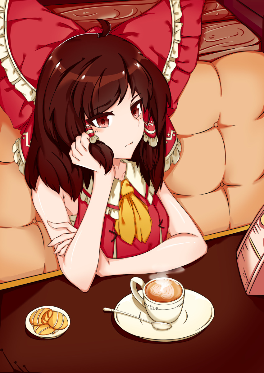 1girl absurdres ahoge ascot bare_arms bare_shoulders blush bow breasts brown_eyes brown_hair cheaprabbit chinese_commentary commentary_request cup food_request frilled_bow frilled_shirt_collar frills hair_bow hair_tubes hakurei_reimu hand_rest hand_up highres indoors long_hair looking_at_viewer medium_breasts plate red_bow sarashi solo spoon steam table teacup touhou upper_body yellow_neckwear