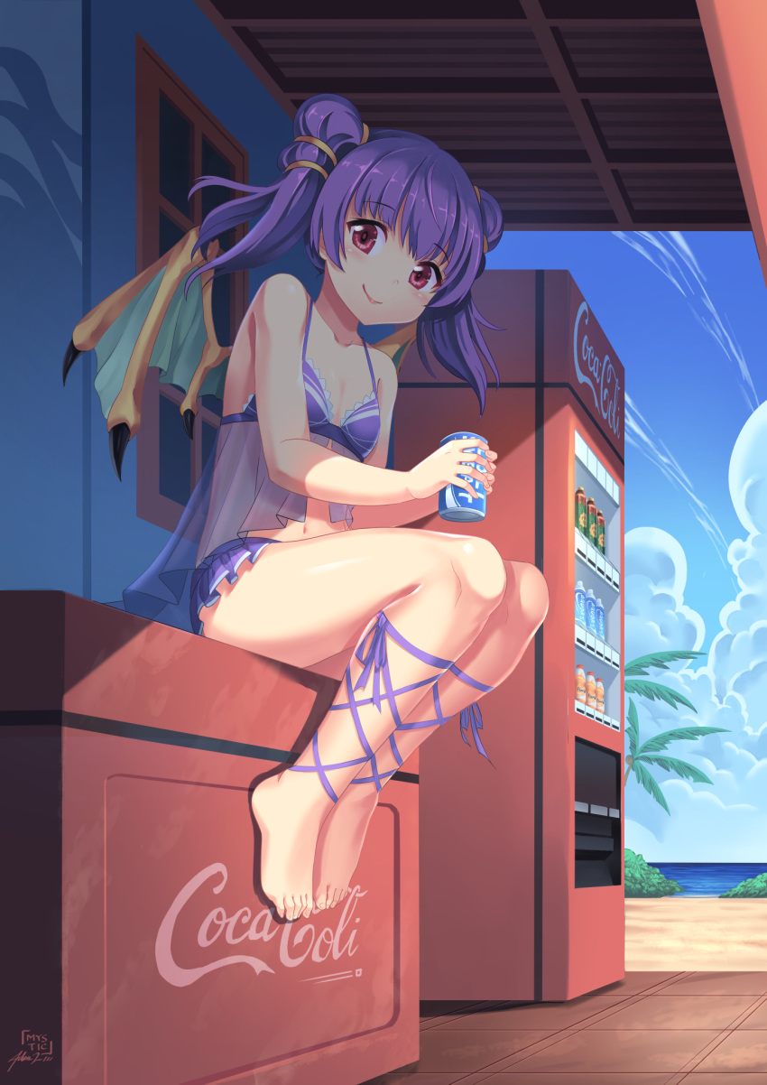 1girl artist_name bare_legs barefoot blush can closed_mouth coca-cola day eyebrows_visible_through_hair fire_emblem highres holding holding_can looking_at_viewer myrrh mystic-san outdoors purple_hair red_eyes short_hair short_twintails signature sitting smile solo twintails vending_machine