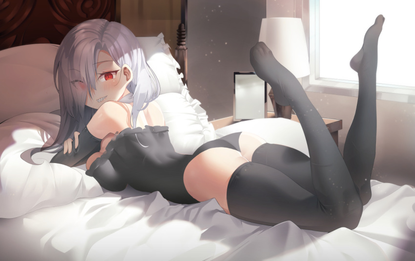 1girl ass bare_shoulders bed black_legwear black_sleeves black_swimsuit blush breasts commission eyebrows_visible_through_hair grey_hair large_breasts long_hair looking_at_viewer lying on_bed on_stomach original pring654 red_eyes sharp_teeth solo swimsuit teeth thighhighs