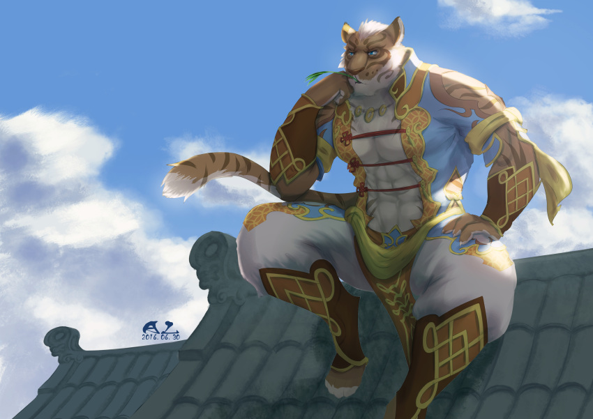 2016 abs absurd_res anthro blue_eyes bottomwear clothed clothing cloud detailed_background felid fur hi_res lin_hu male mammal muscular muscular_male nekojishi orange_fur outside pantherine redwolfalang signature sky solo striped_fur stripes tiger topwear white_fur