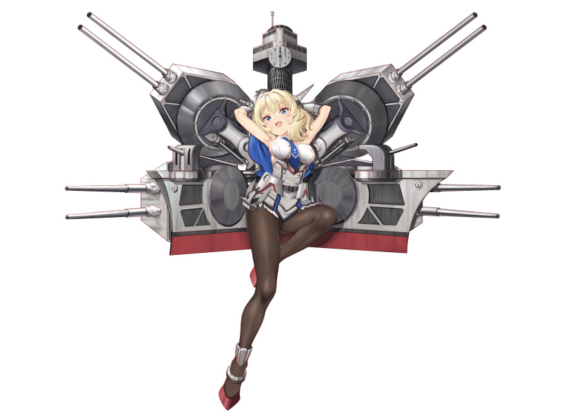 1girl absurdres armpits arms_behind_head black_gloves black_legwear blonde_hair blue_eyes blue_neckwear breasts cannon capelet clock colorado_(kantai_collection) control_tower dress elbow_gloves fang full_body garrison_cap gloves grey_dress hat headgear highres kantai_collection large_breasts machinery miyamoya necktie open_mouth pantyhose pleated_dress reclining shirt short_hair side_braids sideboob simple_background sleeveless smile solo white_background white_shirt